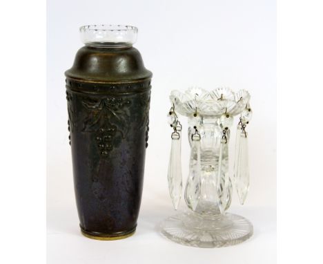 An Art Nouveau glass lined hammered copper and brass vase, H. 20cm, together with a small cut glass lustre.