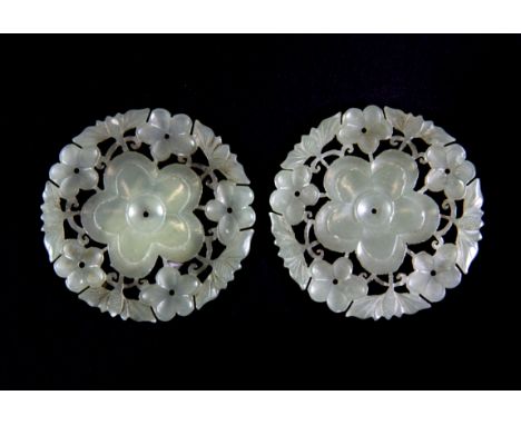A lovely pair of 19th / early 20th century Chinese carved nephrite jade hair ornaments, Dia. 5cm.