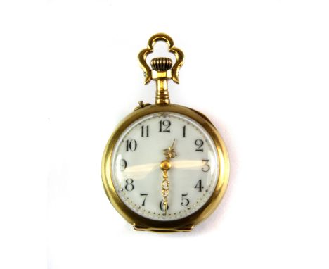 A Jaeger-LeCoultre 18ct yellow gold open face lady's pocket watch set with rose cut rubies and diamonds at the back, and mark