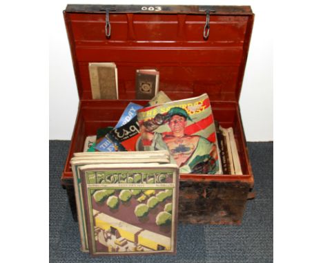 A tin trunk containing an extensive collection of 1930's and 1940's periodicals including Fortune, Saturday Evening Post, Esq