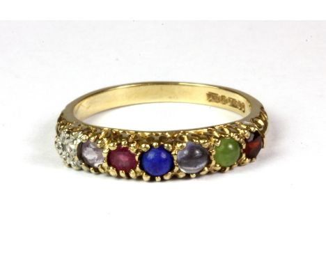 A 9ct yellow gold "DARLING" ring set with semi-precious stones and diamond, (L).