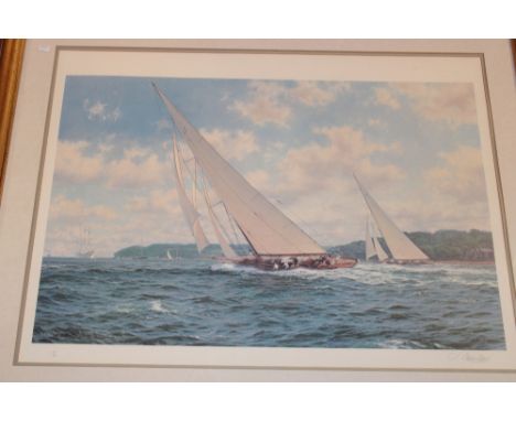 A large coloured limited-edition No. 21/950 racing yacht print by J. Steven Dews, signed by the artist, framed and glazed