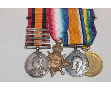 A Boer War/First War group of four medals awarded to J. Park:- Queen's South Africa medal with four bars (CC/OFS/SA1901/SA190