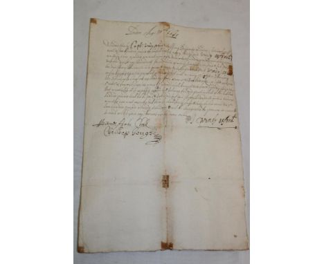 An English Civil War 1649 hand written letter from Captain Wendy Oxford pledging funds to various persons (Captain Wendy Oxfo