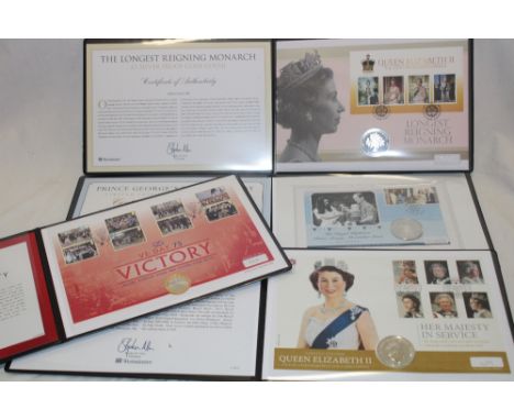 Four silver commemorative coin covers including Limited Edition Longest Reigning Monarch, Limited Edition VE Day 75 Victory; 