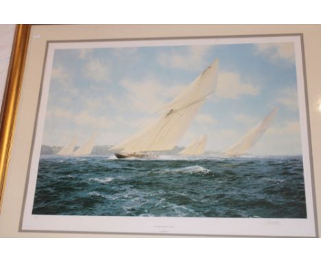 A coloured limited-edition No. 141/850 racing yacht print "Britannia Racing Off Cowes" after J. Steven Dews, signed by the ar