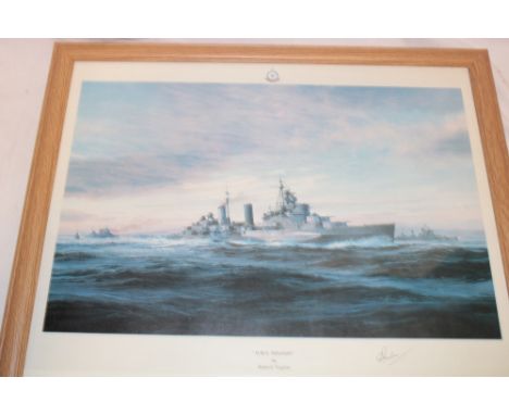 A coloured shipping print "HMS Belfast" after Robert Taylor, signed by Captain Sir Frederick Parham, framed and glazed