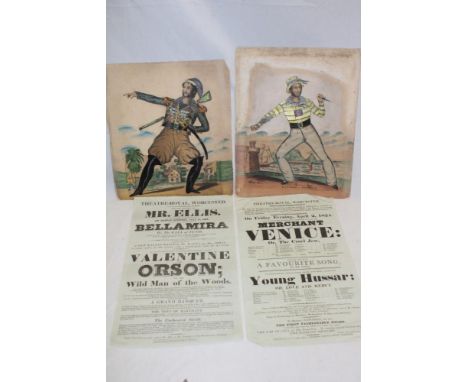 Two 19th century coloured tinsel prints depicting theatre characters published by A. Park of London; and two hand bills for t
