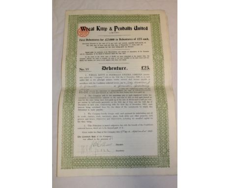 A 1915 Cornish Mining share certificate for Wheal Kitty and Penhalls United - debenture £25