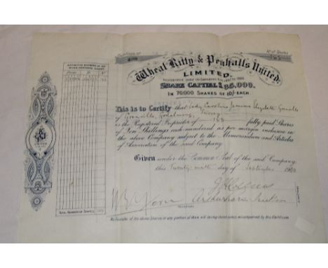 A 1900 share certificate for 188 shares in Wheal Kitty and Penhalls United Mines