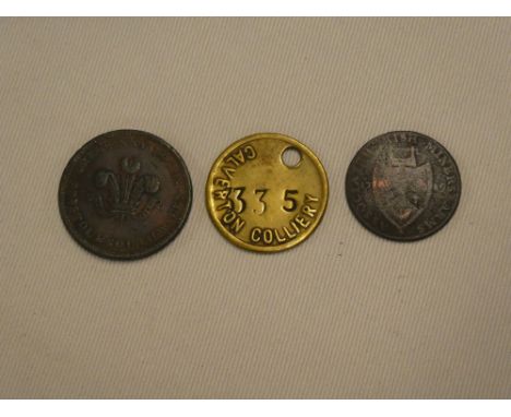 A Calverton Colliery pay cheque/token, 1811 Bristol and South Wales copper penny token and a Cronbeane Irish miners 1789 half