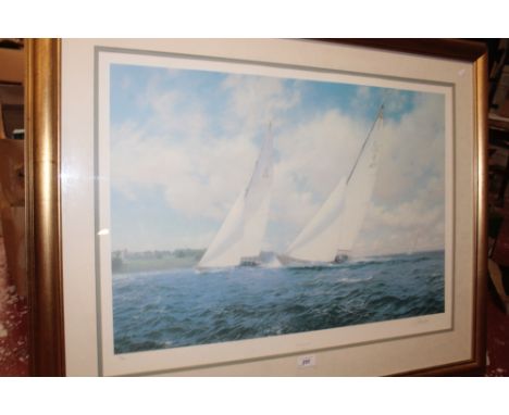 A coloured racing yacht print "The Racing Schooner Westward" after J. Steven Dews, signed by the artist, framed and glazed