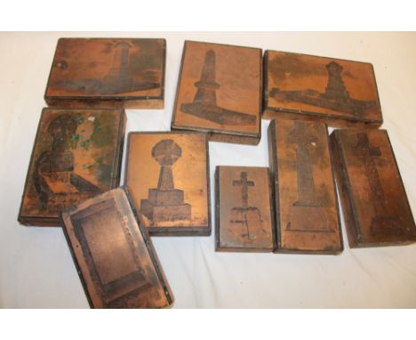 Four copper printing plates depicting Cornish crosses and five similar printing plates depicting grave memorials etc.