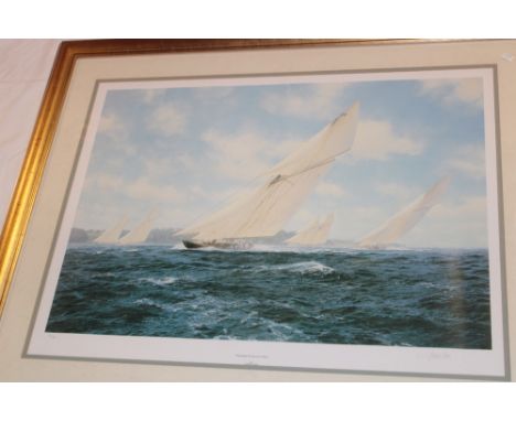 A coloured limited-edition No. 260/850 racing yacht print "Britannia Racing Off Cowes" after J. Steven Dews, signed by the ar