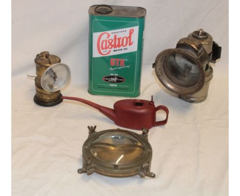 A Miller carbide lamp, Premier acetylene mining lamp, oil can, Castrol tin etc.