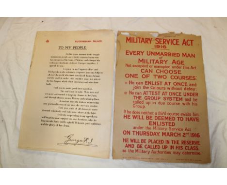 Two original First War military posters/notices "Military Service Act 1916 - Every Unmarried Man Of Military Age Can Choose O