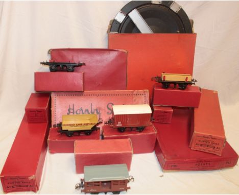 Hornby 0 gauge - various boxed items including No. 1 Goods Van, No. 1 Lumber Wagon, curved rails, two turntables, etc.