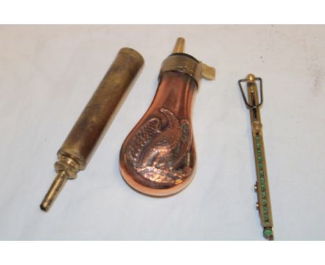 A brass percussion cap extractor, brass oiler and a reproduction copper and brass mounted pistol powder flask (3)