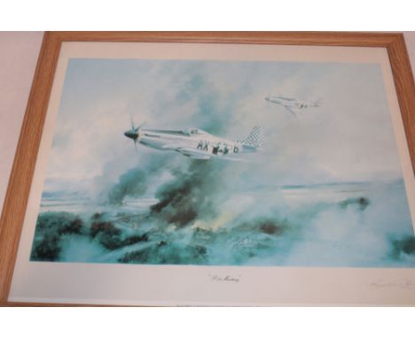 A coloured aircraft print "P-51 Mustang" after Robert Taylor, signed by General Russell Berg, framed and glazed