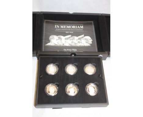 A 2021 Prince Philip Memorial silver-proof portrait coin set comprising six silver-proof 50p coins, limited-edition cased wit