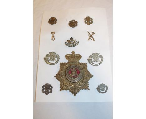 A Duke of Cornwall's Light Infantry Ordinary Ranks helmet plate with detachable centre, two pair of brass DCLI collar badges,