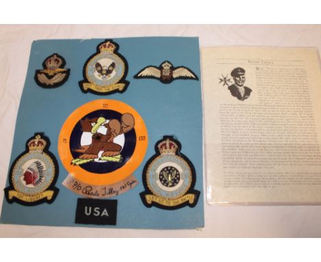 A selection of R.A.F. Eagle Squadron patches, R.A.F. wings, leather Squadron patch signed by U.S. Pilot Reade Tilley with cer