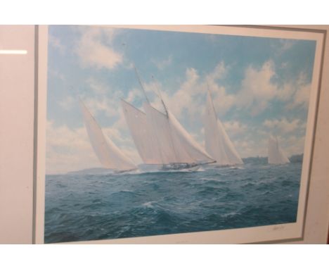A large limited-edition No. 79/850 coloured racing yacht print "Sceptre and Evaine" after J. Steven Dews, signed by the artis