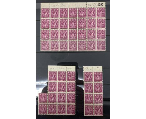 St. Lucia 1949-50 GVI 2c magenta perf 14, marginal u/m blocks of 28, 14 and 8 of this scarce stamp, SG147a, cat. £350 