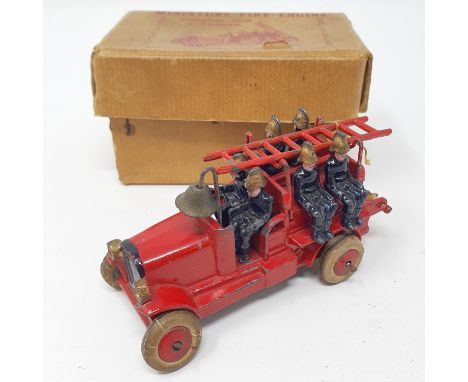 A Johillco Miniature Fire Engine, with ladder and six firemen, boxedPlay worn 