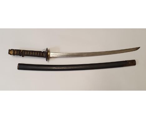A Japanese katana, with a pierced iron tsuba and a cord bound fishskin grip, some loss to the cord and fishskin, 80 cm, in a 