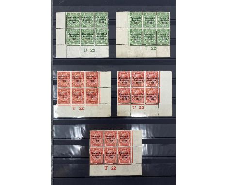 Ireland 1922 GV overprints selection of 21 plate number blocks and strips with values form 1/2d to 1/-, all generally fine u/