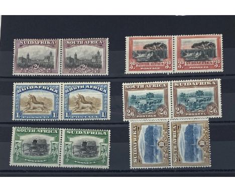 South Africa 1927-30 Pictorial issue 2d, 3d, 1/-, 2/6. 5/-and 10/-hinged pairs, (5/some perf splitting, 10/-(light gum bend),