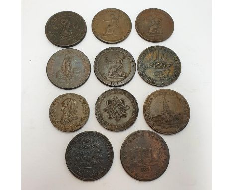 A group of assorted penny tokens, including two Cornish Pumping Engine penny tokens, 1811, another Cornish halfpenny token, 1