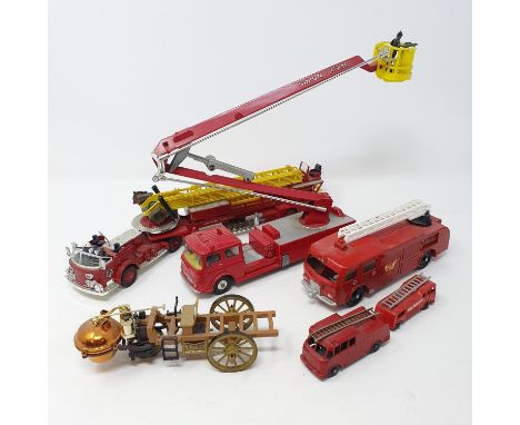 A Corgi Major Toys Snorkel Fire Engine, and various other fire engines, and two prints of fire engines (box) 