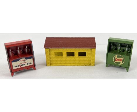 A Matchbox diecast garage accessory pack No 13 together with 2 diecast oil cabinets. For Esso &amp; Castrol oil, with sliding