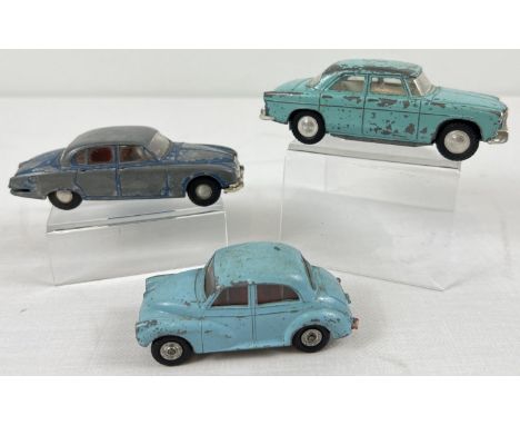 3 vintage Triang Spot-On playworn diecast vehicles, 1/42 scale, in blue colours. Comprising: Jaguar S Type, Morris Minor 1000