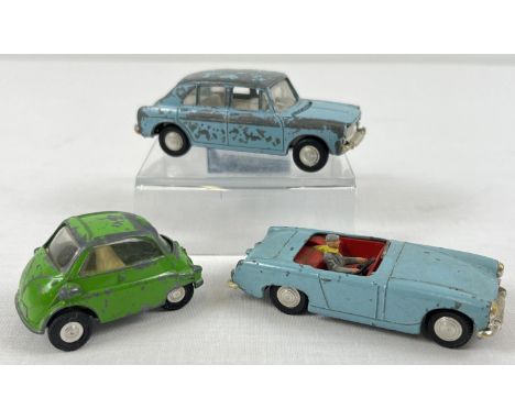 3 vintage Triang Spot-On playworn diecast vehicles, 1/42 scale. Comprising: Austin Healey Sprite Mk3 (complete with driver), 