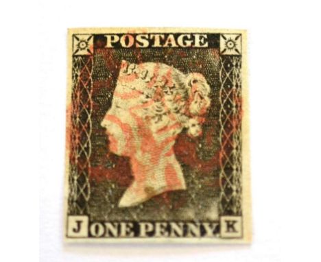 1d Black lettered J-K s.t.b. plate 1a (worn plate) 4 good margins cancelled by red Maltese cross. Nice example