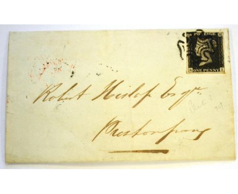 Great Britain 1d black 4 good to close margins lettered R-I s.t.b. plate 8 (vert. gl to NE square) on 9 April 1841 outer lett