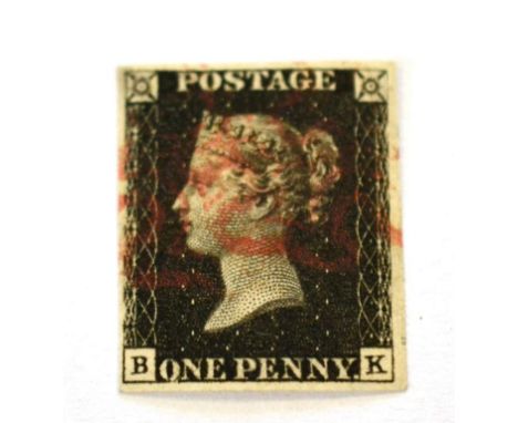 1d Black lettered B-K s.t.b. plate 8; 4 fair to good margins cancelled by red Maltese cross. Nice Stamp