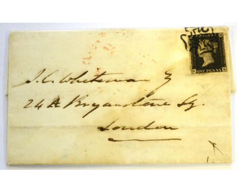 Great Britain 1d black 3 margins lettered S-K s.t.b. plate 7 on 1841 entire to London tied by black Maltese cross