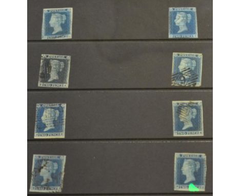 1841 2d Blues on stock card s.t.b. plate 4, Eight four margined stamps, O-L; C-I; T-I; D-E; H-E; D-B- R-J; P-K: one three mar