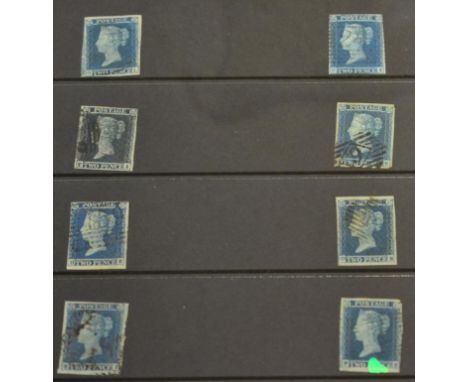 1841 2d Blues on stock card s.t.b. plate 4, Eight four margined stamps, O-L; C-I; T-I; D-E; H-E; D-B- R-J; P-K: one three mar