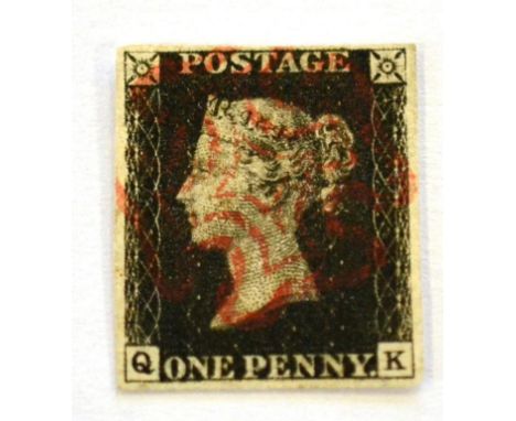 1d Black lettered Q-K s.t.b. plate 5 (g.l. to n.e. square); 4 fair to good margins cancelled by red Maltese cross. Attractive