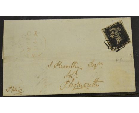 Great Britain 1d black 3 margins lettered R-H s.t.b. plate 5 on 1841 outer letter sheet from Tavistock to Plymouth tied by bl