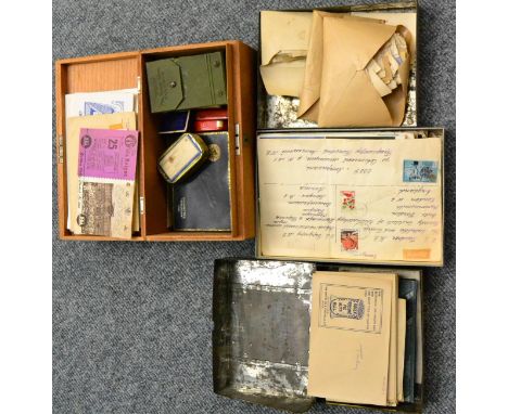 Cardboard Carton containing four boxes, one of which is a Huntley & Palmer 'fancy' biscuit tin in the shape of a travel trunk