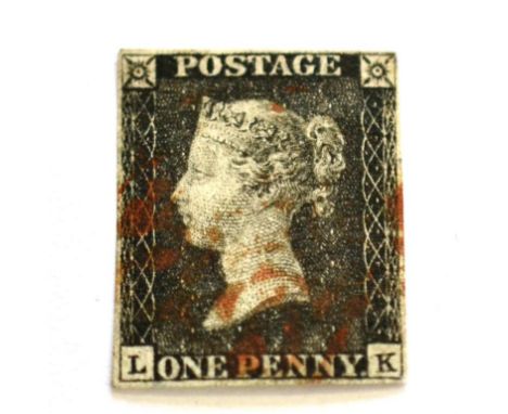 1d Black lettered L-K s.t.b. plate 6, (showing n.w. flaw) 4 close margins cancelled by feint red Maltese cross