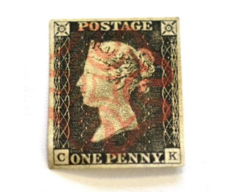 1d Black lettered C-K s.t.b. plate 2, 4 good margins cancelled by red Maltese cross. Attractive