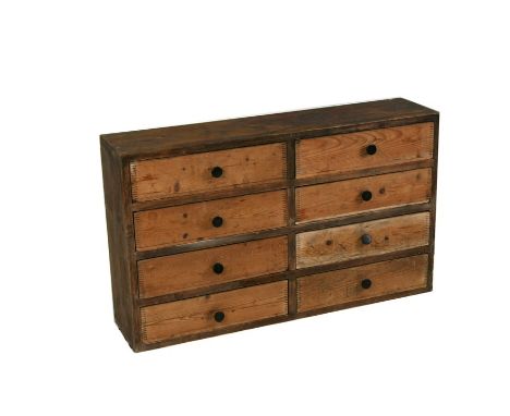 A pine bank of eight drawers, 94cms (36.5ins) wide. 56cm ( 22 ins) high  22cm (8.75 ins) deepCondition Reportdrawers run free