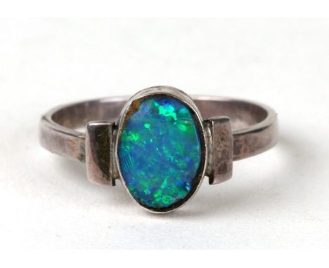 A Charles Horner silver ring set with an oval opal, approx UK size 'N'.